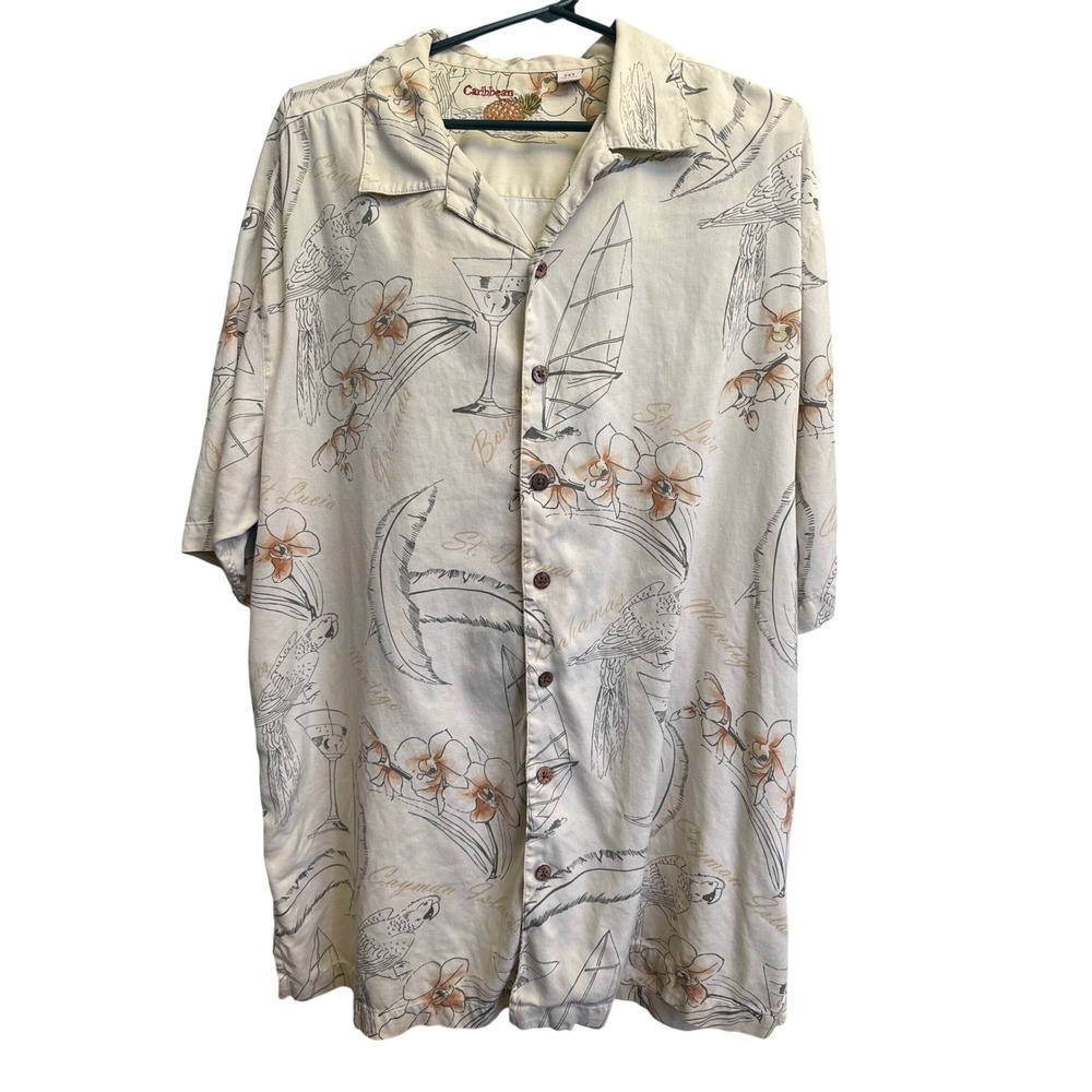 Caribbean Mens 2XT Silk Cotton Hawaiian Shirt Cream Tropical Parrot Floral Print